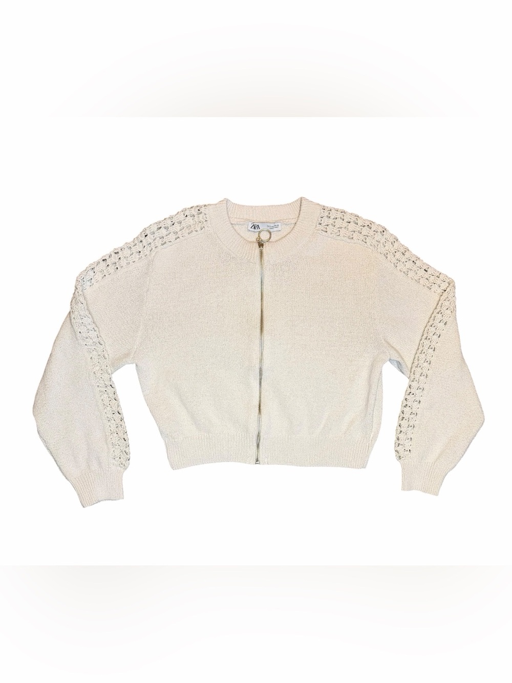 Zara Cream Knit Zip Front Sweater Top Small Oversize Crop Lace Detail Boho Chic - Picture 2 of 5